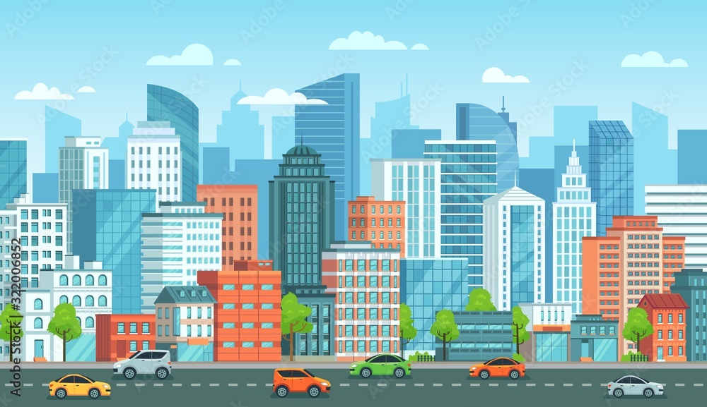 Cityscape with cars. City street with road, town buildings and urban car cartoon vector illustration. Panoramic view with automobiles riding against modern downtown skyscrapers on background.