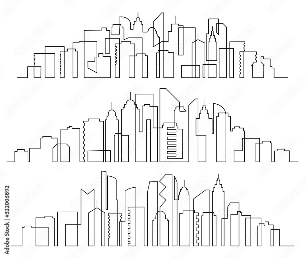 Line art cityscape. Town buildings horizontal panorama, city skyscrapers and modern urban silhouette vector set. Collection of outlines of megalopolis. Business area, downtown drawn with contours.
