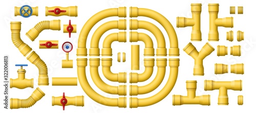 Yellow gas pipeline pipes. Metal pipe section, pipelines construction and industrial pipes kit vector set. Bundle of various parts of plumbing system - conduits, rotary handles, junctions, manometers.