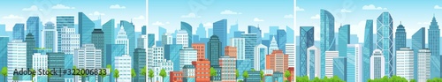 Modern cityscape. Business district skyscrapers, abstract urban panorama and city buildings vector set. Panoramic views of downtown. Architecture of megalopolis. Real estate in residential area.