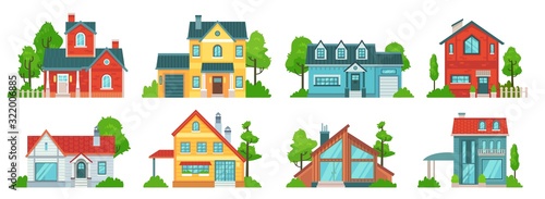 Suburban house. Real estate facades, holiday mansions and country houses with roof vector set. Bundle of two-storey living buildings. Villas or residencies of classic and contemporary architecture.