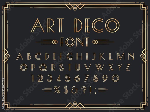 Golden art deco font. Luxury decorative 1920s geometric letters, ornamental gold numbers and retro frame vector set. Elegant vintage English alphabet, digits, punctuation marks, typographic symbols. photo