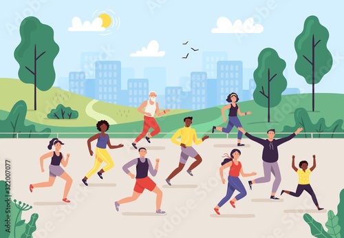 Park marathon. People running outdoor, joggers group and sport lifestyle. Jogging vector illustration. Male and female runners or athletes taking part in race or sprint, performing exercise together.