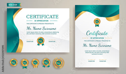 Gold and green certificate of appreciation template border with line pattern for business and education needs