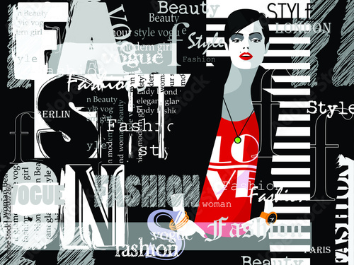 Fashion woman in style pop art with typographics. Vector illustration