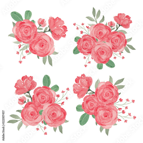 Red rose flower bouquet in watercolor style