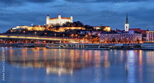 Bratislava skyline at night with castle, Slovakia