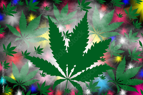 Fototapeta Naklejka Na Ścianę i Meble -  Many marijuana leaves - cannabis and smoke on a multicolored background. Bright colored spots.