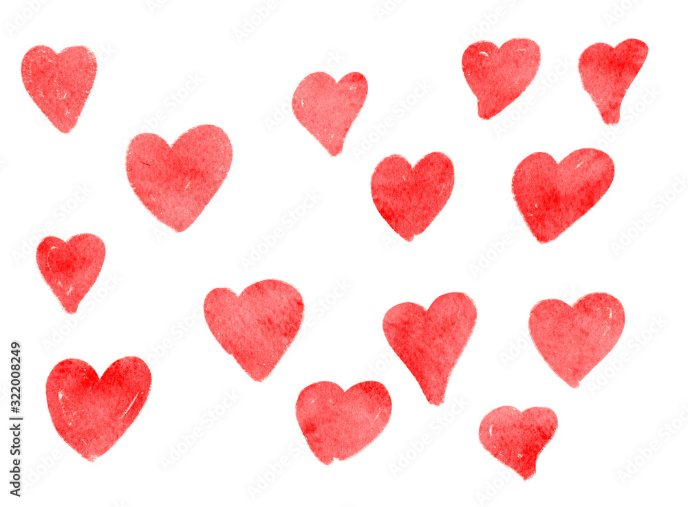 Different hand painted red hearts in watercolour isolated on wh Different hand painted red hearts in watercolour isolated on wh