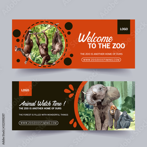 Zoo banner design with elephant, monkey watercolor illustration.