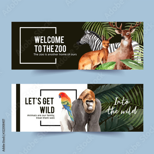 Zoo banner design with gorilla, zebra, deer watercolor illustration.