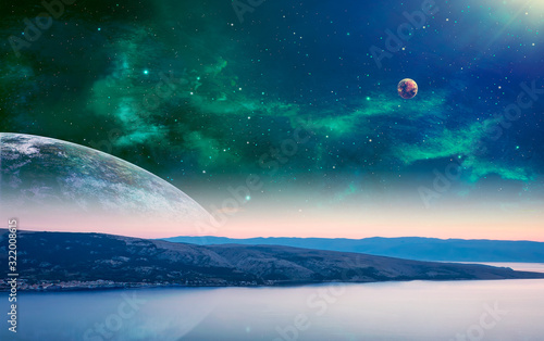Fototapeta Naklejka Na Ścianę i Meble -  Space photo manipulation background. Sea with mountain, colorful nebula and two planet. Elements furnished by NASA. 3D rendering