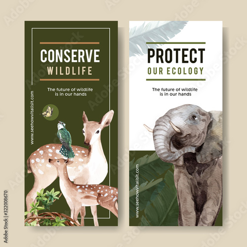 Zoo flyer design with butterfly, deer, elephant watercolor illustration.