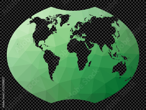 Low poly map of the world. Ginzburg 6 projection. Polygonal map of the world on transparent background. Stencil shape geometric globe. Neat vector illustration.