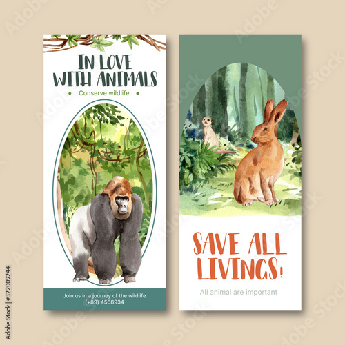 Zoo flyer design with gorilla, rabbit, meerkat watercolor illustration.