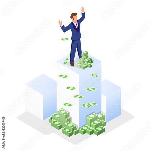 Businessman in formal suit standing on white cube near money and lifting hands up. Financial success, profit, getting investments, credit, loan, donation, insurance payout isometric vector concept.