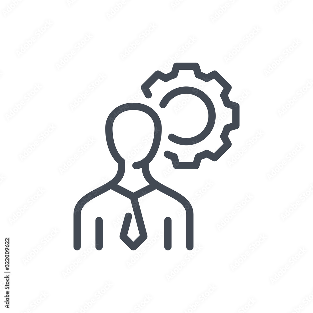 Skills and abilities line icon. Businessman with gear vector outline sign. Skills and abilities line icon. Businessman with gear vector outline sign.