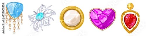 Vector realistic set with elegant golden, silver, platinum brooches, charms, pendants with different precious stones. Accessories, bijouterie collection on white for jewelry banners, flyers, ads.
