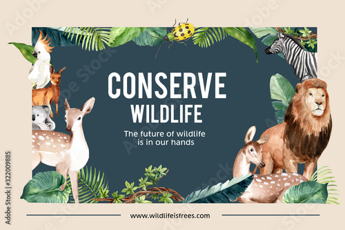 Zoo frame design with lion, deer, kangaroo, koala watercolor illustration.