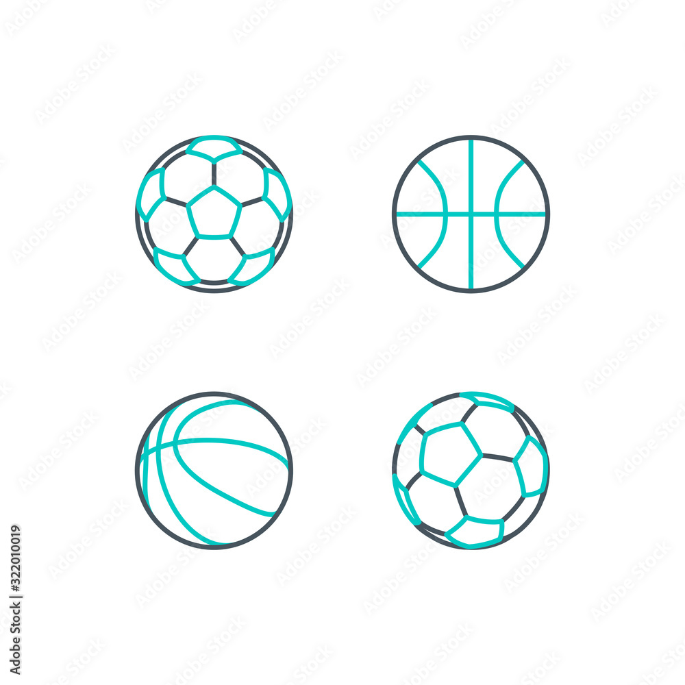 Set of thin contour lines icons basketball and soccer balls isolated on white background. Modern design minimalistic style black and white outline sign classic football basketball illustration balls