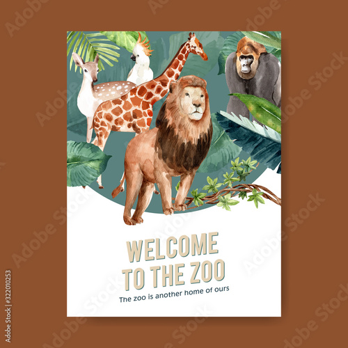 Zoo poster design with lion, giraffe, deer, bird watercolor illustration.