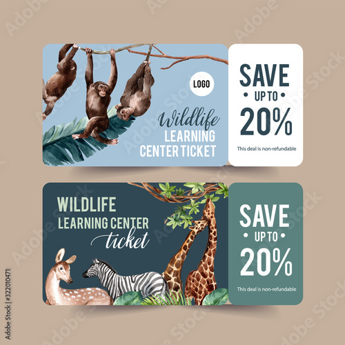 Zoo ticket design with giraffe, monkey watercolor illustration.