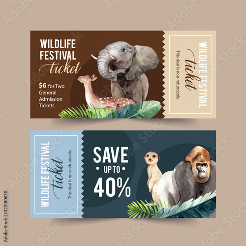 Zoo ticket design with elephant, deer, monkey watercolor illustration.