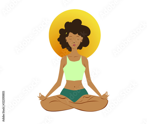 Wallpaper Mural  Black young woman, practicing yoga in the lotus pose. Healthy lifestyle and wellness concept. Flat cartoon vector illustration for meditation, recreation, Yoga Day. Isolated on white background Torontodigital.ca