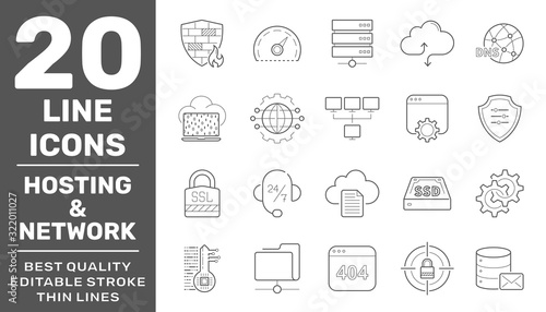 Web hosting and Network icons set. Technology outline icons pack. Perfect thin line vector icons for web design and website application. Editable Stroke. EPS 10