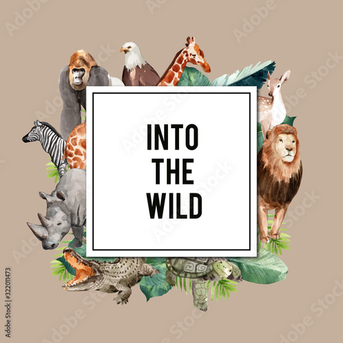 Zoo wreath design with eagle, gorilla, giraffe, rhino watercolor illustration,