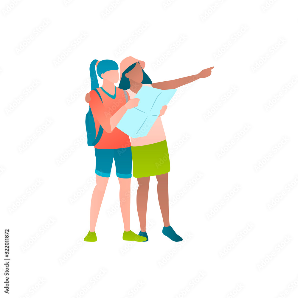 Two tourists on a trip at vector flat illustration. Two female travellers looking for destination departure terminal in the airport. Young girls stand in a full lenght and inspect a tourist map. Two tourists on a trip at vector flat illustration. Two female travellers looking for destination departure terminal in the airport. Young girls stand in a full lenght and inspect a tourist map.