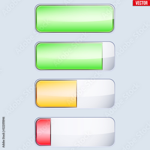 Neumorphic UI battery set. Light color Workflow graphic elements in Skeuomorph Trend Design. Charge Elements for smart technology and applications. Editable Vector illustration.