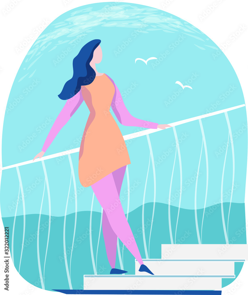 Beautiful dreaming woman stay on white stairs and looking on the ocean. Vector illustration in flat style