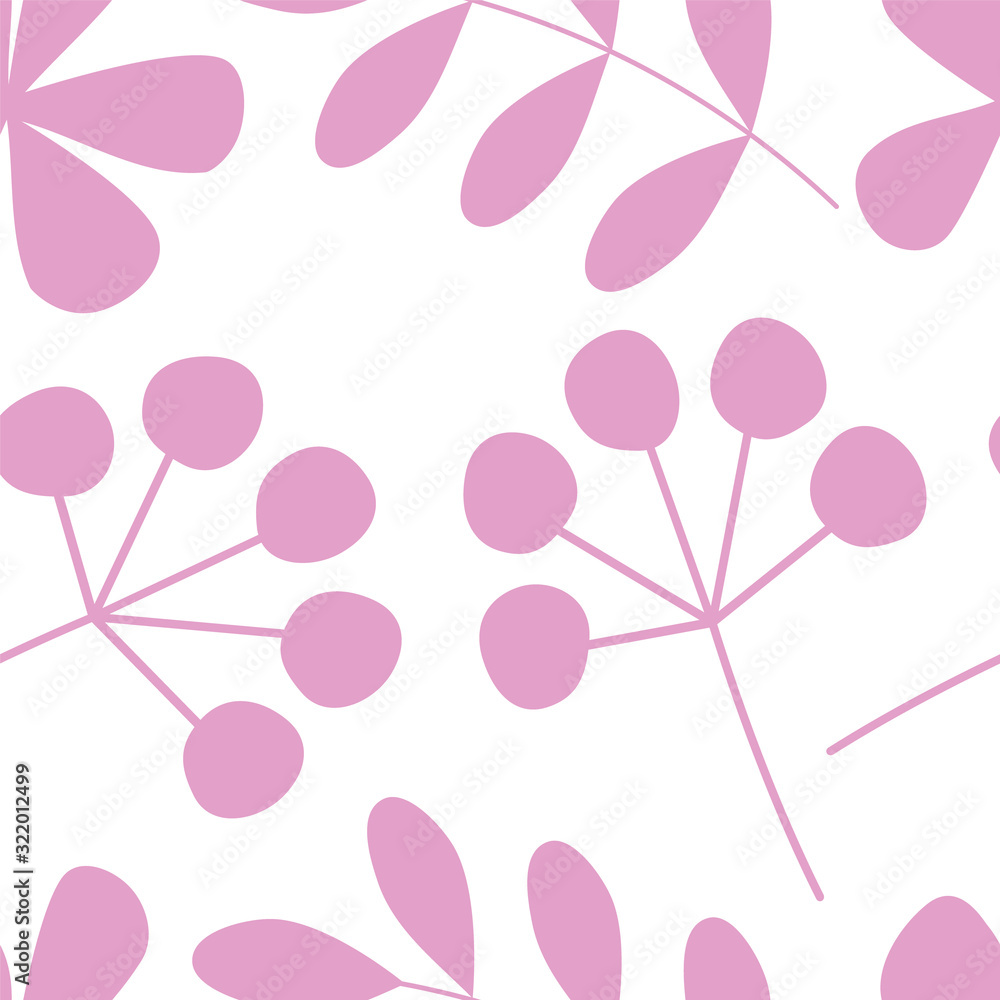 Fototapeta premium Seamless pattern with simple pink flowers and twigs on a white background. Cute, in a minimalist style. For textiles and decor.Vector illustration.