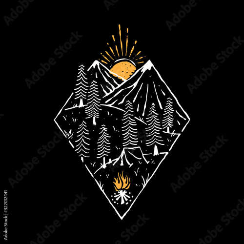 Camp Hike nature Wild Line Graphic Illustration Vector Art T-shirt Design