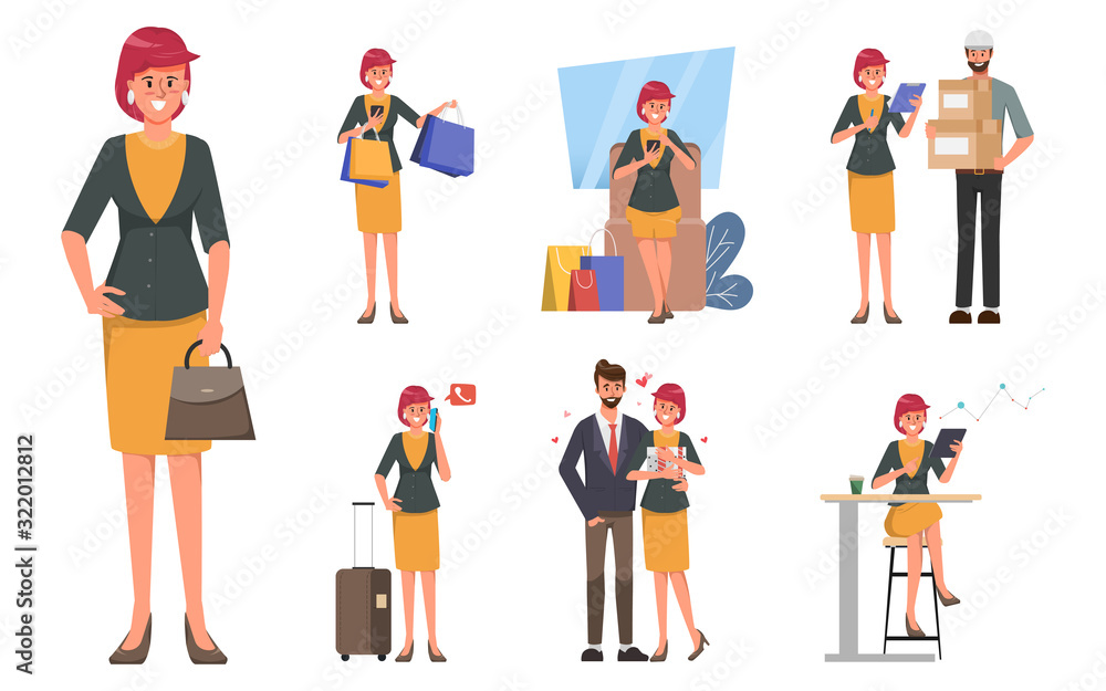 Business woman in job and lifestyle daily routine character set. Cartoon vector illustration in flat style.