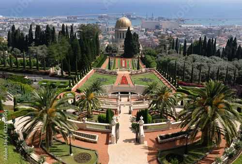 Haifa  Israel. The Bahai gardens and temple  on the slopes of the Carmel Mountain and view of the Mediterranean Sea