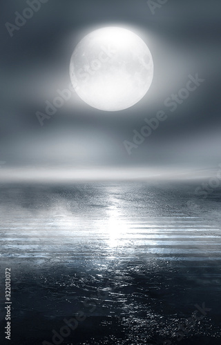 Futuristic empty night scene. Empty street scene background with abstract spotlights light. Night view light reflected on water. Smoke, fog, wet with reflection. 