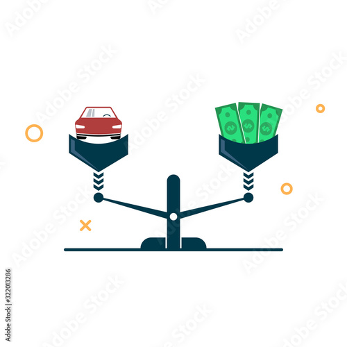 car and money on the scales. car equity and finance concept. vector illustration