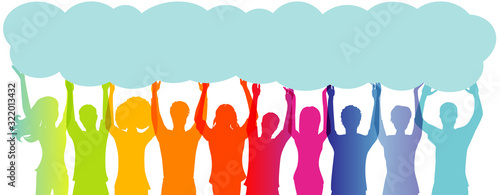 Silhouette group of people with arms raised holding up a long speech bubble copy space.Concept of solidarity friendship and charity.Care cooperation help and assistance to people