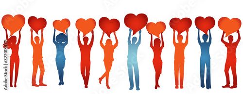 Silhouette group of volunteer people with raised arms holding heart shaped speech bubble.Care cooperation help and assistance to people.Concept of solidarity friendship and charity