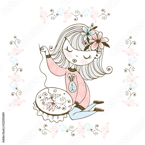 A cute girl is engaged in needlework and embroidery a beautiful pattern on a Hoop. Vector.