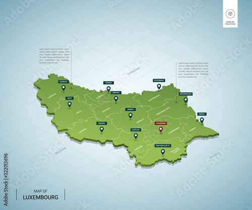 Stylized map of Luxembourg. Isometric 3D green map with cities, borders, capital, regions. Vector illustration. Editable layers clearly labeled. English language.