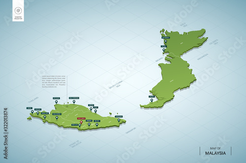 Stylized map of Malaysia. Isometric 3D green map with cities, borders, capital Kuala Lumpur, regions. Vector illustration. Editable layers clearly labeled. English language.