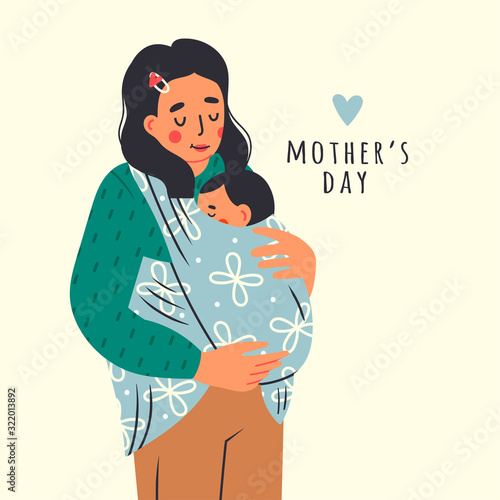 Beautiful Lady is carrying her kid. Newborn Baby child in Sling feeling love and protection from his mother. Family, lifestyle concept. Happy Mother's Day. Hand drawn vector illustration