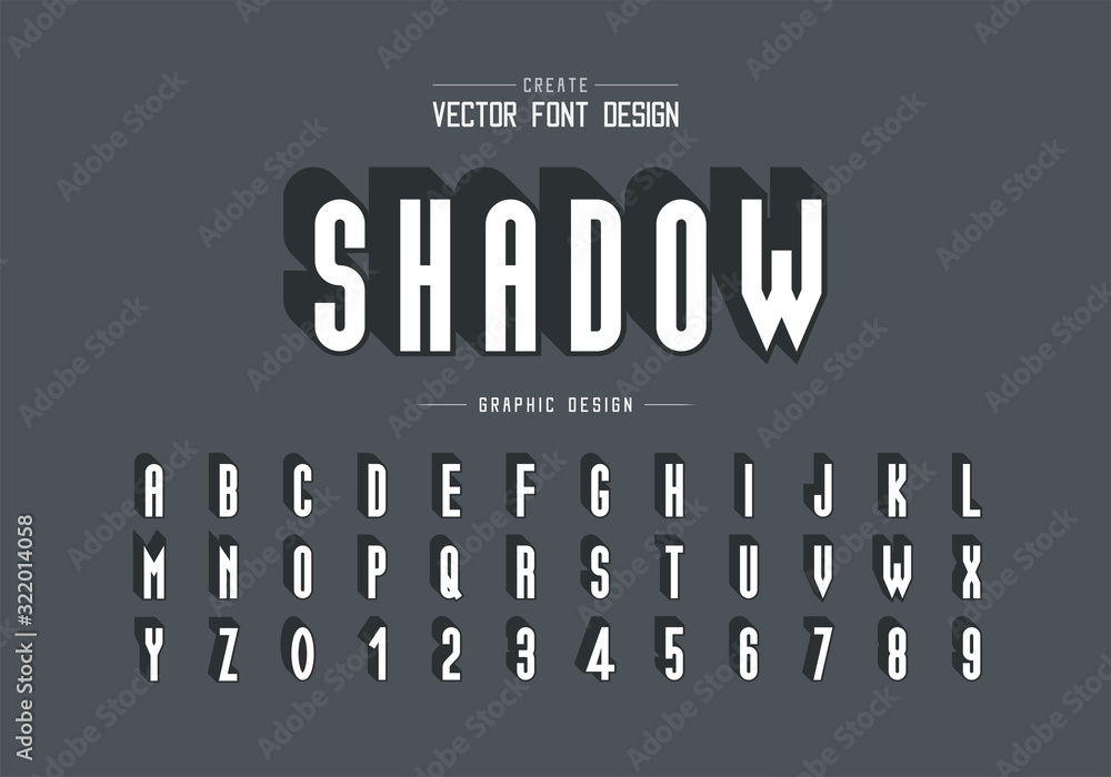 Font and alphabet vector, Tall shadow typeface letter and number design