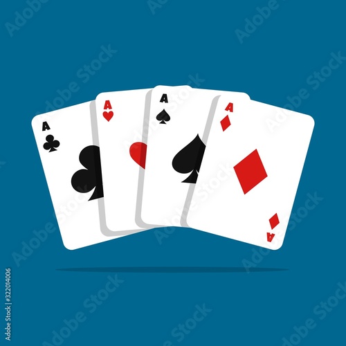 Set of four aces playing cards suits ob blue background. Winning poker hand. Vector illustration