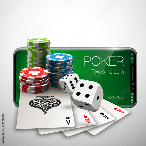 Vector illustration Online Poker casino banner with a mobile phone, chips, playing cards and dice. Marketing Luxury Banner Jackpot Online Casino with New model Smartphone. Empty advertising poster.