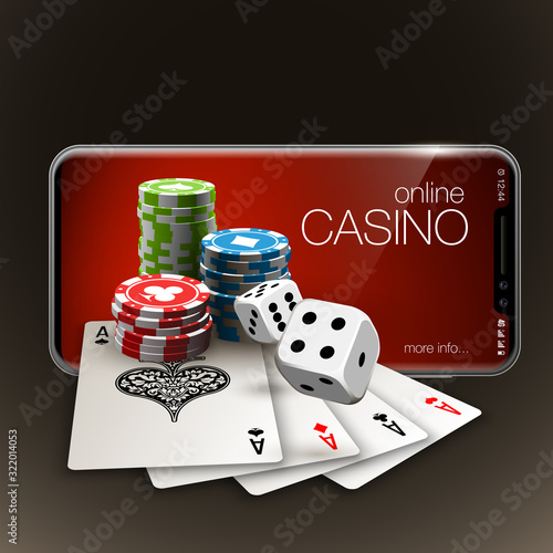 Vector illustration Online Poker casino banner with a mobile phone, chips, playing cards and dice. Marketing Luxury Banner Jackpot Online Casino with New model Smartphone. Empty advertising poster.