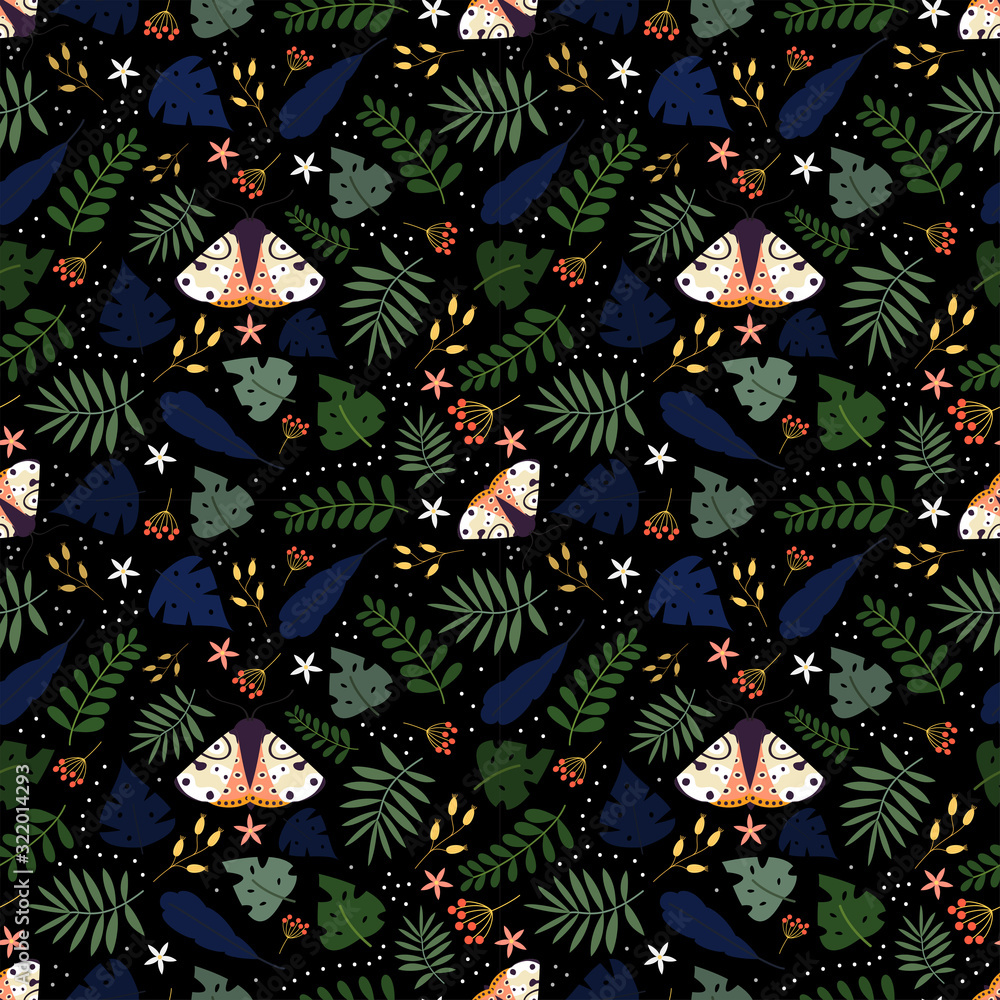 Fototapeta premium Seamless Floral Pattern with plants,flowers and moth in the black backdrop